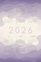 Calendario 2026 con formas de onda fluida degradada lila. vector