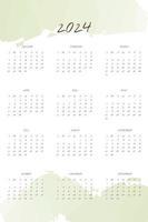 Calendario 2024 con letra manuscrita y suave efecto de mancha de acuarela abstracta. la semana comienza el domingo vector