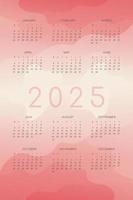 Calendario 2025 con formas de onda fluida degradada roja rosa vector