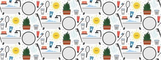 Seamless repeating bathroom pattern with shower and personal care items. Morning and evening routine. Vector illustration.