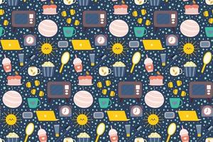 Seamless repeating pattern with cozy household items. Morning and evening routine. Vector illustration.