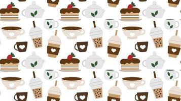 Seamless repeating pattern with drinks and desserts for cafe menu. Print for a shop with tea and coffee and a hot drink. Vector illustration.