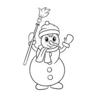 Funny snowman for a coloring book, or a page. Vector illustration cartoon style.