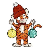 Tiger in hat with Christmas toys. Symbol of new year according to Chinese or Eastern calendar. Vector editable illustration, cartoon style