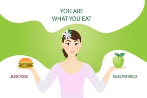 Food concept you are what you eat.Choose between healthy and junk food.Beautiful woman chooses between an apple and  hamburger. Vector, cartoon style vector