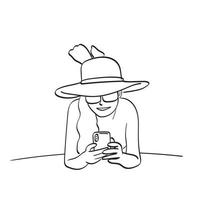 mujer con sombrero usando mensajes de texto de teléfono inteligente relajándose en la playa ilustración vectorial dibujado a mano aislado sobre fondo blanco arte lineal. vector