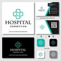 Diseño de logotipo de conexión de hospital con plantilla de tarjeta de visita.