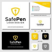 Abstract shiled symbol and pen logo design with business card template. vector