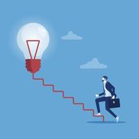 Creativity for business idea concept, thinking and brainstorm for new idea or opportunity, businessman start walking on electricity line as stairway to big idea lightbulb vector