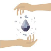 la piedra mágica brilla y se eleva por encima de la mano. las manos sostienen un cristal, una piedra mágica. Ilustración para prácticas espirituales, alquimia, medicina alternativa. vector