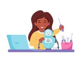 Little girl building a robot. Robotics, programming and engineering for kids vector