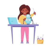 Little girl building a robot. Robotics, programming and engineering for kids vector