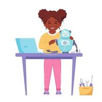 niña negra construyendo un robot. robótica, programación e ingeniería para niños vector