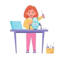 Little girl building a robot. Robotics, programming and engineering for kids vector