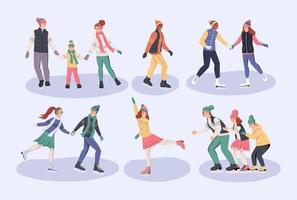 un conjunto de personajes. la gente va a patinar en invierno. diversión y juegos de invierno. ilustración vectorial plana vector