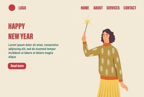 Feliz año nuevo plantilla de vector de página de destino. mujer con feos suéteres con bengalas. Celebre el banner web tradicional del evento de invierno. ilustración vectorial plana