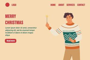 Merry Christmas landing page vector template. Man in ugly sweaters with sparklers. Celebrate traditional winter event web banner. Flat vector illustration