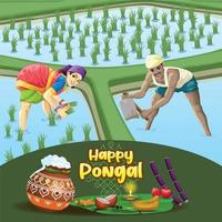 Pongal greetings with Male and Female tamil farmers working together in paddy field vector