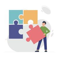 Man holding in hand puzzle element and looks for a solution to assemble last jigsaw piece. Concept of project finishing, work solutions, suggestion of creative ideas. Flat style vector illustration.