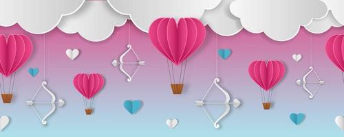 Banner transparente del día de San Valentín con nubes de papel, corazones y arcos de Cupido vector