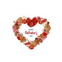 heart shaped frame with gingerbreads and red bow. valentine's day wreath with gingerbread cookies vector