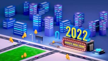 gelukkig nieuwjaar 2022 in kleine stad met animatie in een lus