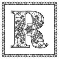 Letter R made of flowers in mehndi style. coloring book page. outline hand-draw vector illustration.