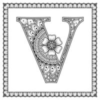 letra v hecha de flores en estilo mehndi. página de libro para colorear. Ilustración de vector de dibujo a mano de contorno.