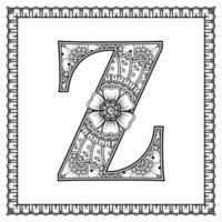 Letter Z made of flowers in mehndi style. coloring book page. outline hand-draw vector illustration.