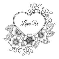 Mehndi flower with frame in shape of heart. decoration in ethnic oriental, doodle ornament. vector