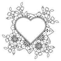 Mehndi flower with frame in shape of heart. decoration in ethnic oriental, doodle ornament. vector