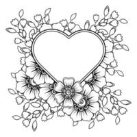 Mehndi flower with frame in shape of heart. decoration in ethnic oriental, doodle ornament. vector