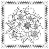 flor mehndi para henna, mehndi, tatuaje, decoración. adorno decorativo en estilo étnico oriental, adorno de doodle, dibujo a mano de contorno. página de libro para colorear. vector