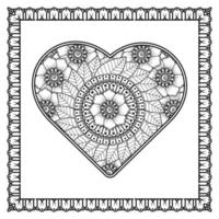 Mehndi flower with frame in shape of heart. decoration in ethnic oriental, doodle ornament. vector