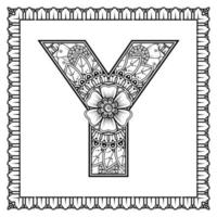 Letter Y made of flowers in mehndi style. coloring book page. outline hand-draw vector illustration.