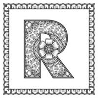 letra r hecha de flores en estilo mehndi. página de libro para colorear. Ilustración de vector de dibujo a mano de contorno.