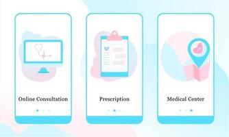 Application design set for Online Consultation, Prescription, Medical Center. UI onboarding screens design. Mobile app 3D isometric template web site. Modern vector illustrations for user interface.