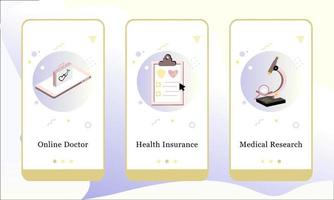 Application design set for Online Doctor, Health Insurance, Medical Research. UI onboarding screens design. Mobile app 3D isometric template web site. Modern vector illustrations for user interface.