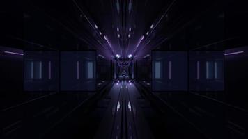 3D illustration of symmetric dark corridor with purple light in 4K UHD photo