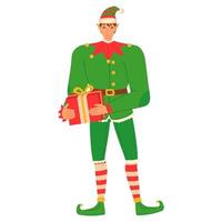 Christmas elf giving present in flat cartoon style. vector