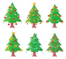 conjunto de bonitos árboles de Navidad decorados con bolas y guirnaldas en estilo de dibujos animados. vector