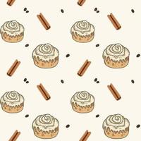 Buns with cinnamon sticks andcoffee beans seamless pattern vector