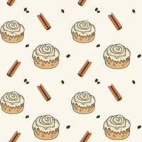 Buns with cinnamon sticks andcoffee beans seamless pattern vector