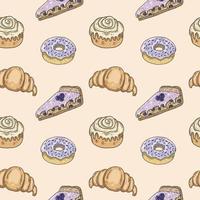Cinnamon bun, blueberry pie, donnut and croissant seamless pattern. vector
