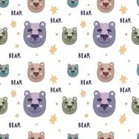Cute bears seamless pattern with stars and text vector