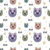 Cute bears seamless pattern with stars and text vector