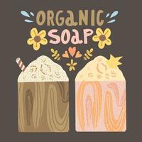 Handmade cold process soap with lettering on brown background vector