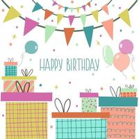 Birthday greeting card in bright colors with gift boxes vector