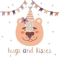 Cute bear with words hugs and kisses greetings vector