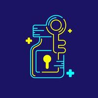 Logo covid-19 vaccine lock bottle keyhole and key with cross icon, Vaccination Campaign problem exit concept design illustration blue and yellow color isolated on dark blue background vector